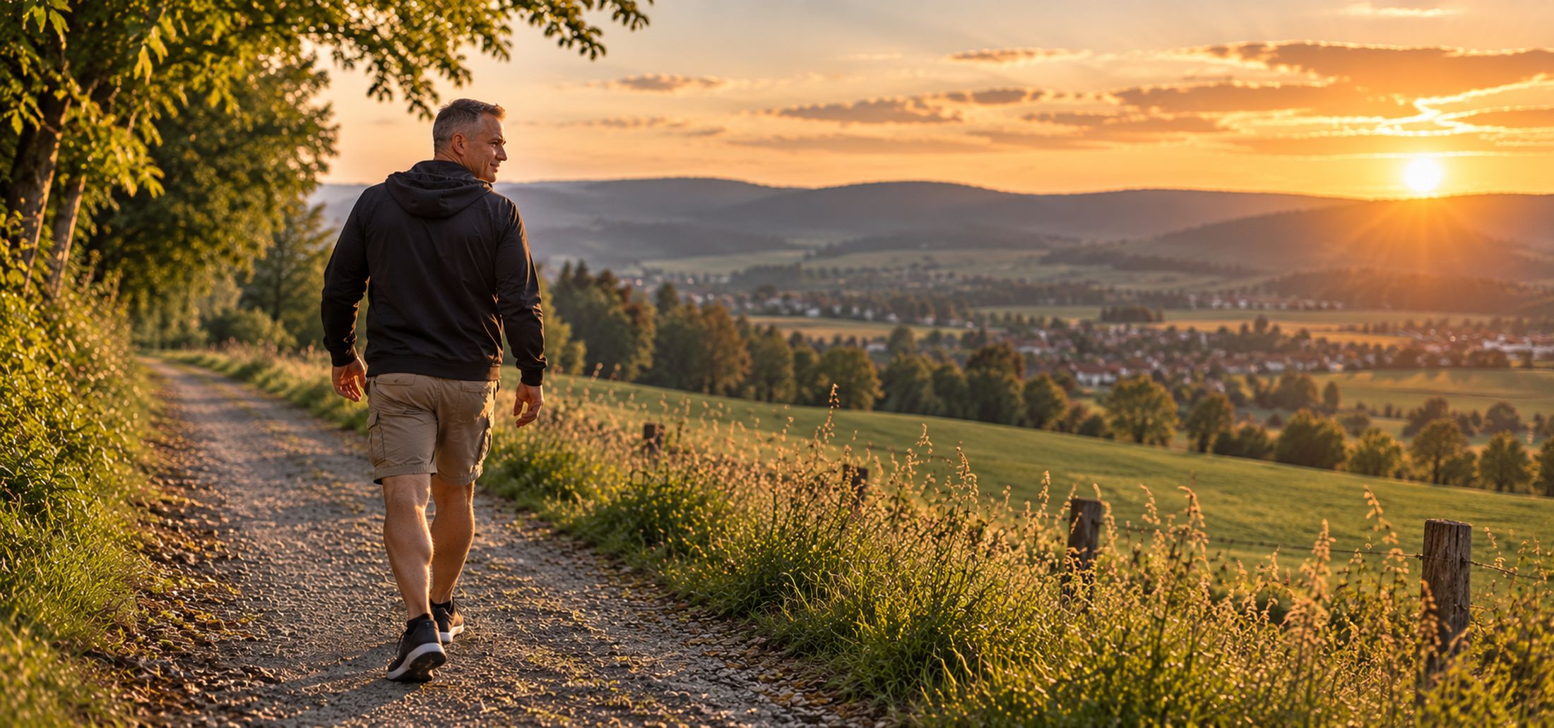 Mann geht bei Sonnenuntergang auf einem Feldweg